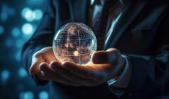 Businessman holds in his palms holographic globe, futuristic technology success concept created with generative AI technology. High quality illustration