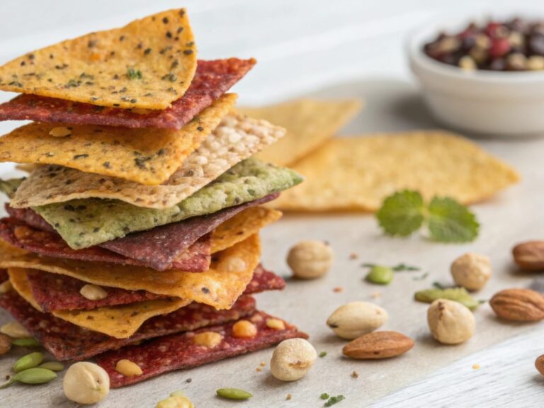 A closeup of bean chips stacked precariously revealing their intricate surface detailing and an array of colors showcasing various flavors. A few tered pieces of crunchy nuts.