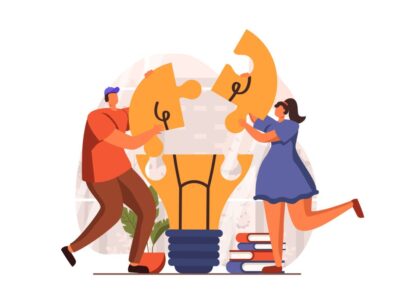 Teamwork web concept in flat design. Man and woman cooperate and build from puzzle pieces, generate new ideas, brainstorming and partnership, business innovation. Illustration with people scene
